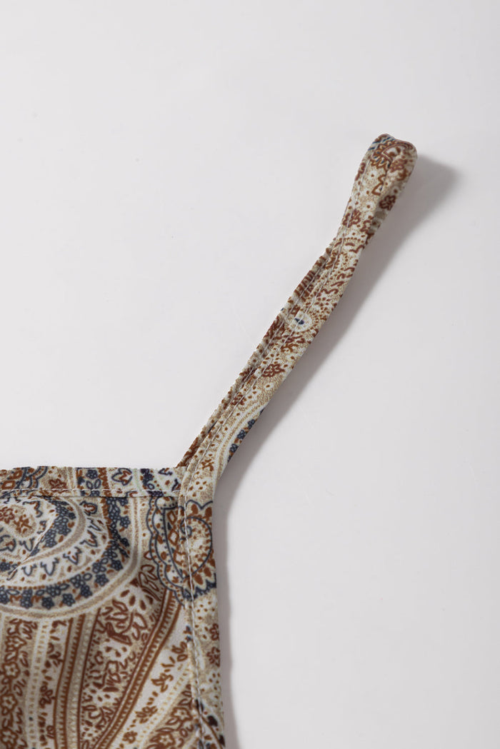 Khaki Paisley Printed Spaghetti Strap V Neck Smocked Babydoll Vest Top - Tops/Vest Tops