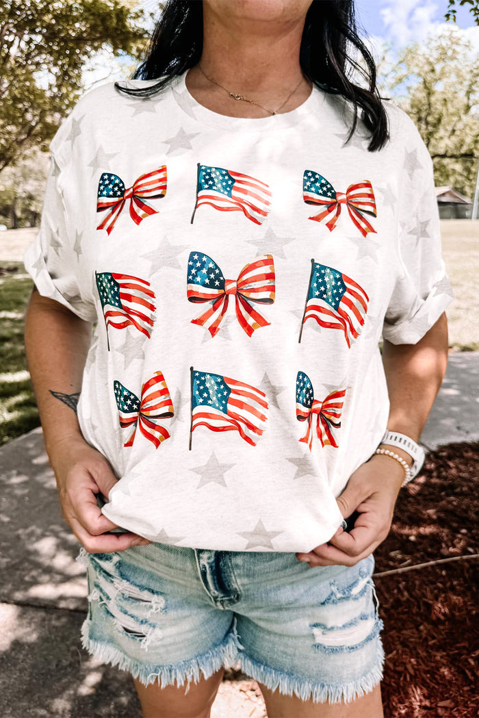 Khaki Patriotic Flag Bow Graphic Starry Round Neck T Shirt - S / 95% Polyester + 5% Elastane - Graphic/Graphic Tees