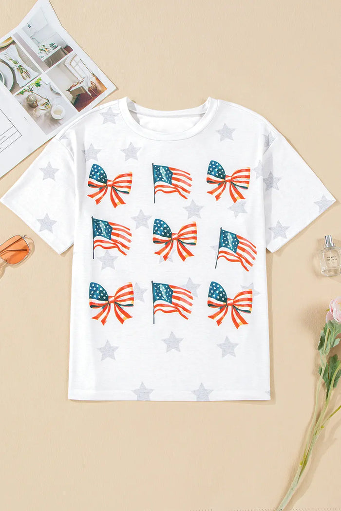 Khaki Patriotic Flag Bow Graphic Starry Round Neck T Shirt - Graphic/Graphic Tees