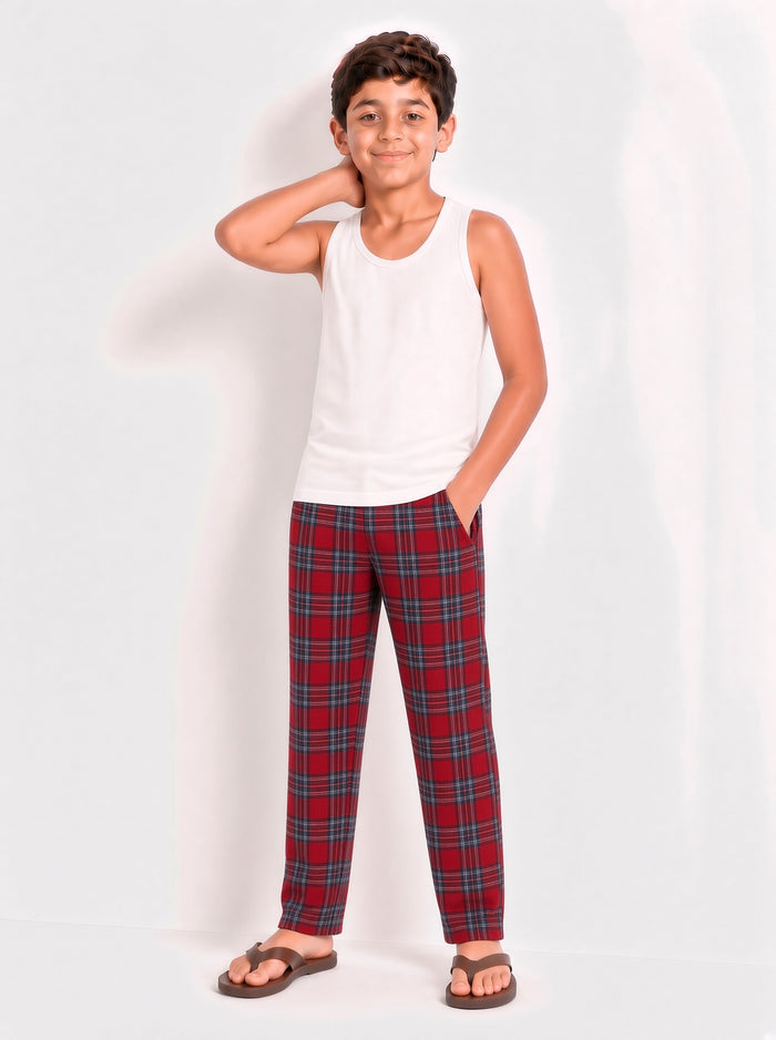 Kids Boys Red Checkered Woven Cotton Trouser – 100% Regular Fit