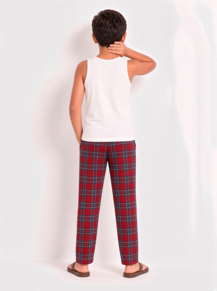 Kids Boys Red Checkered Woven Cotton Trouser – 100% Regular Fit