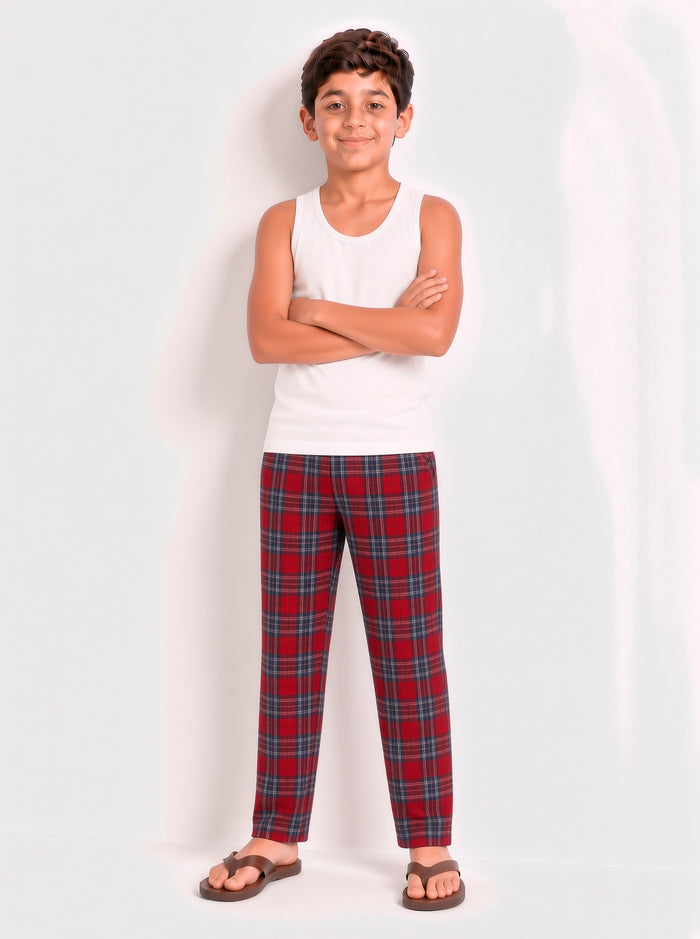 Kids Boys Red Checkered Woven Cotton Trouser – 100% Regular Fit