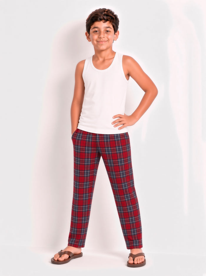 Kids Boys Red Checkered Woven Cotton Trouser – 100% Regular Fit