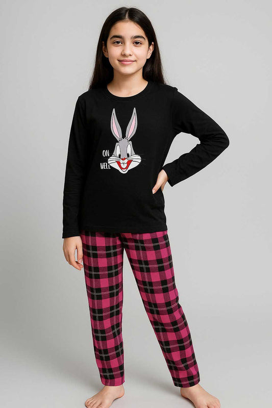 Kids Bunny Nightwear Set - Black Top & Pink Check Trouser