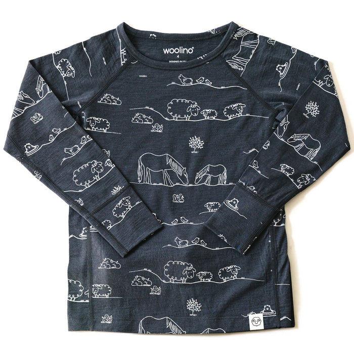 Kids Merino Wool Base Layer, Long Sleeve Top, Farm