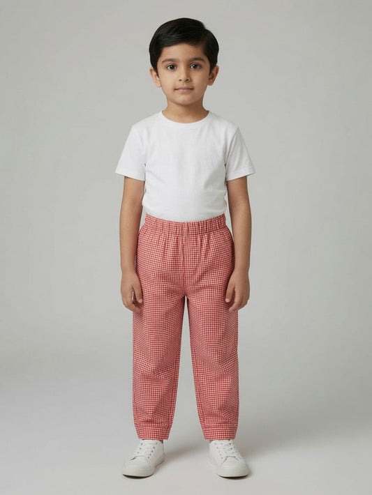 Kids Red Gingham Woven Cotton Trouser
