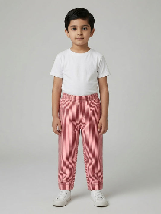 Kids Red & White Stripe Woven Cotton Trouser