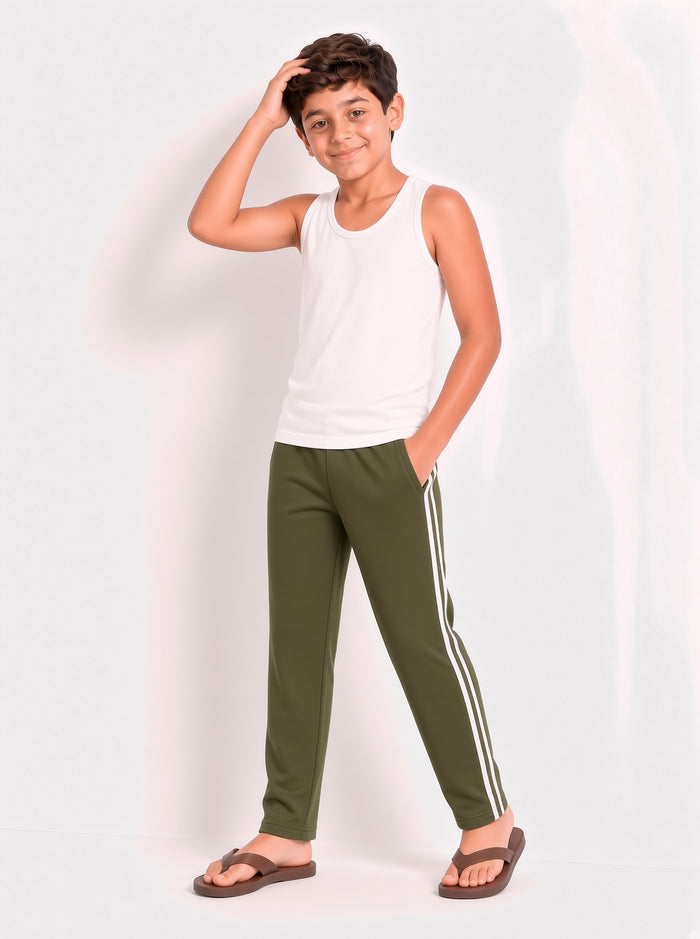 Kids Single Jersey Cotton Side Stripe Trouser Olive Green Regular Fit - Hinz Clothing