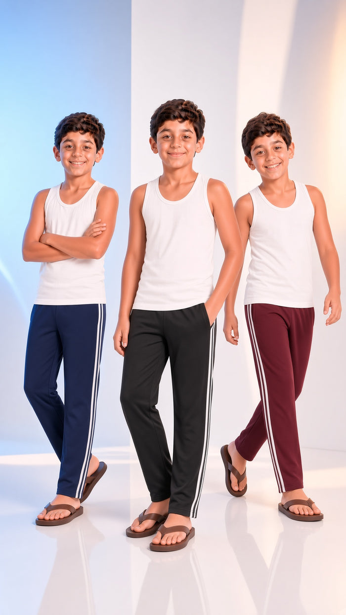 Kids Single Jersey Cotton Side Stripe Trouser Regular Fit (BNM Pack of 3)