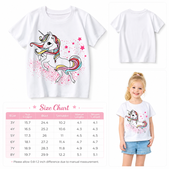 Kids unicorn graphic cotton T-shirt product collage with white shirt, model and size chart