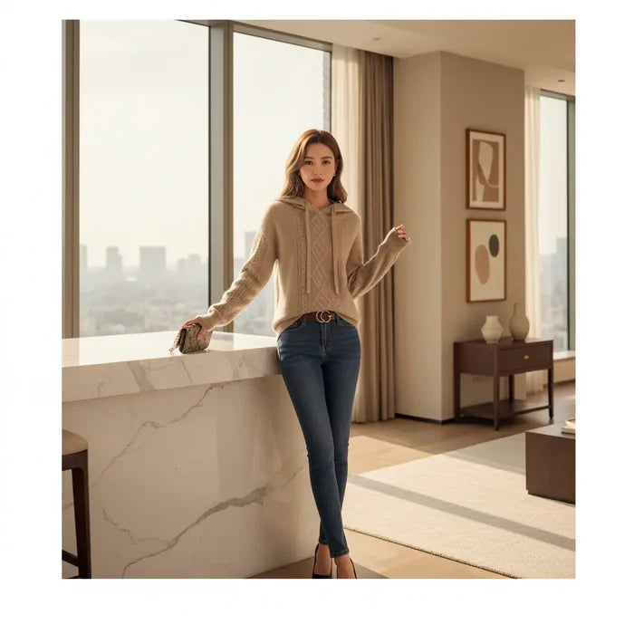 Knitted Jacquard Sweater Women Crew Neck Texture Detail Closeup