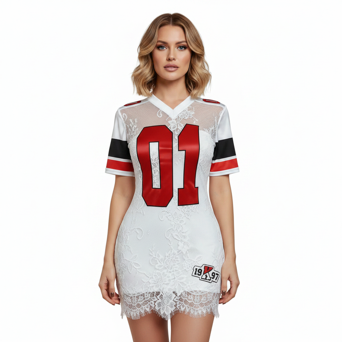 White lace embroidered short dress with high waist fit, A-line skirt, short sleeves and sporty red detail for evening styling