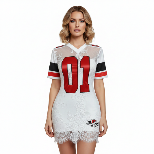 White lace embroidered short dress with high waist fit, A-line skirt, short sleeves and sporty red detail for evening styling