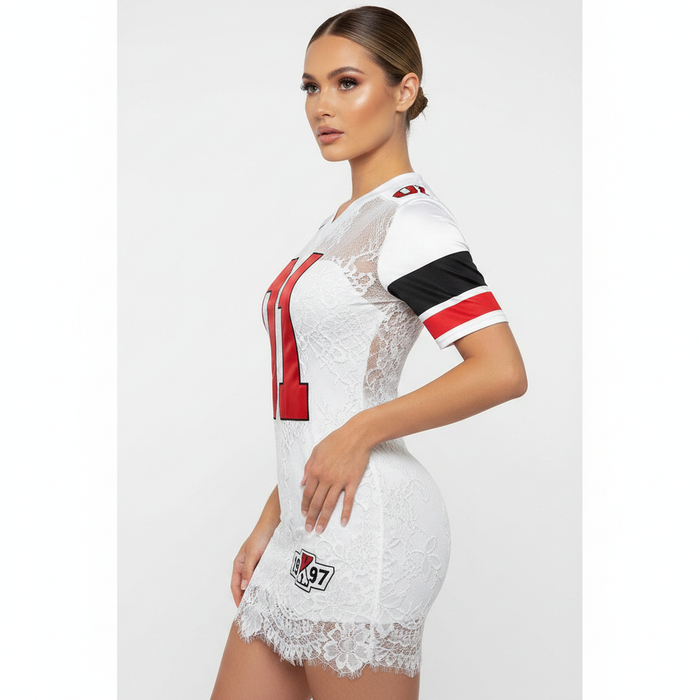 European style lace embroidered dress with A-line skirt, short length and polished waist fit for dinners and events with ease