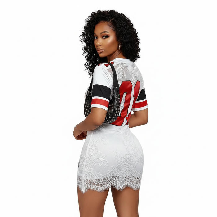 Modern lace short dress with clean lines, sculpted waist and breathable polyester fabric for warm day-to-night outfits online