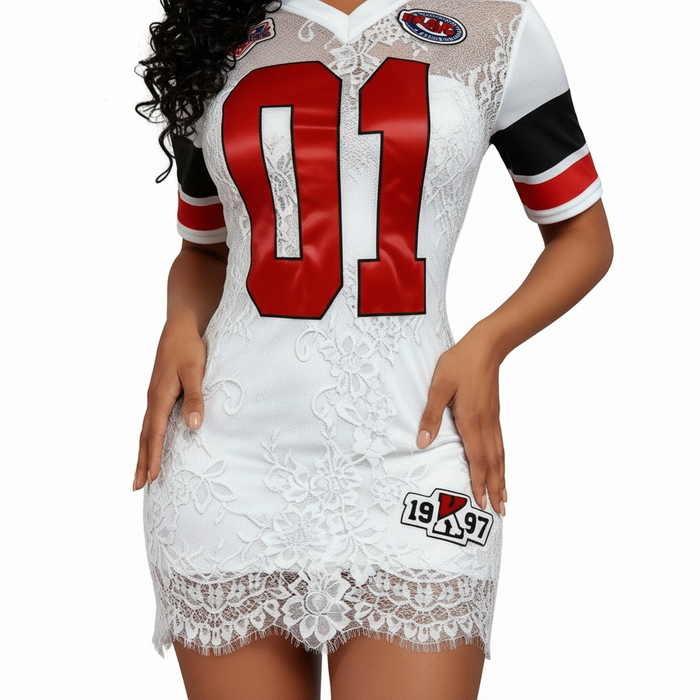 Statement white lace embroidered mini dress with sporty accents, A-line movement and feminine occasion-ready silhouette today