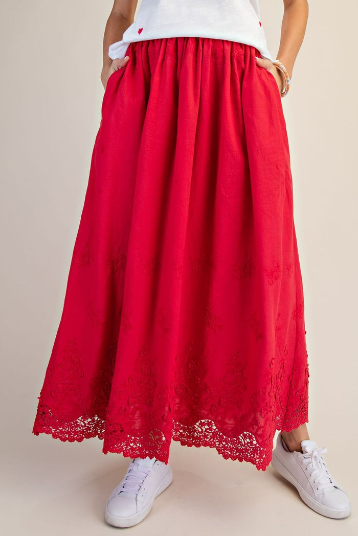 LACE HEM MAXI SKIRT, RED