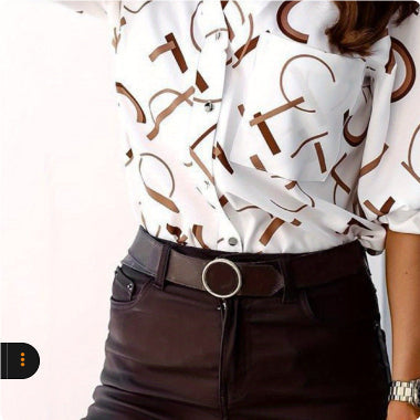 Women pleated shirt purple letter print showing fluid drape and structured collar