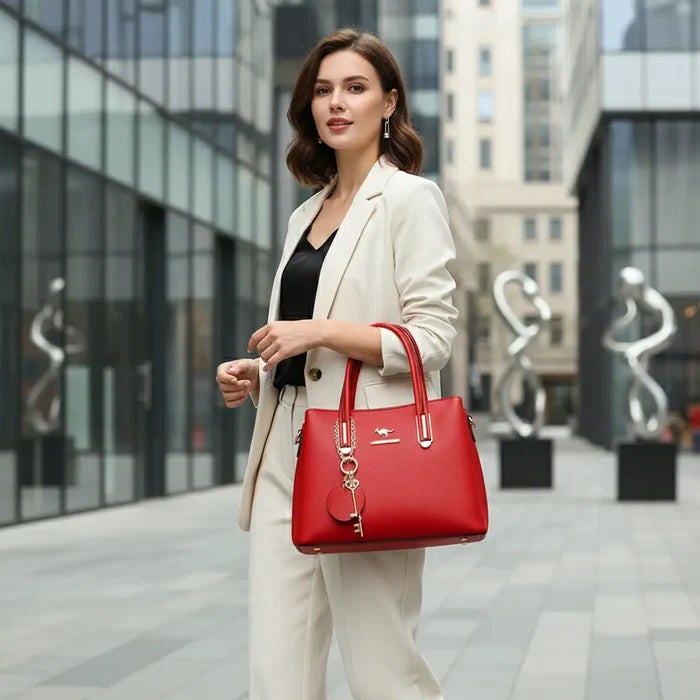 Red large capacity women's lychee texture handbag