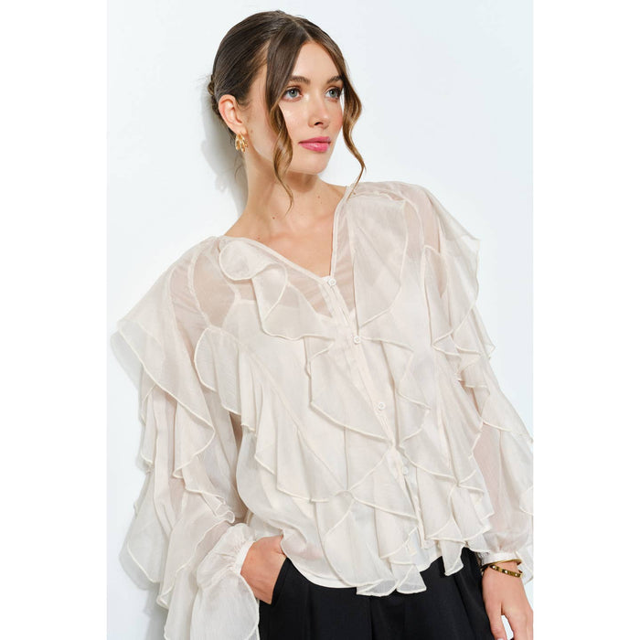Layered ruffle sheer chiffon button-up blouse with a V-neck front, long sleeves, cascading ruffles, and matching inner cami.