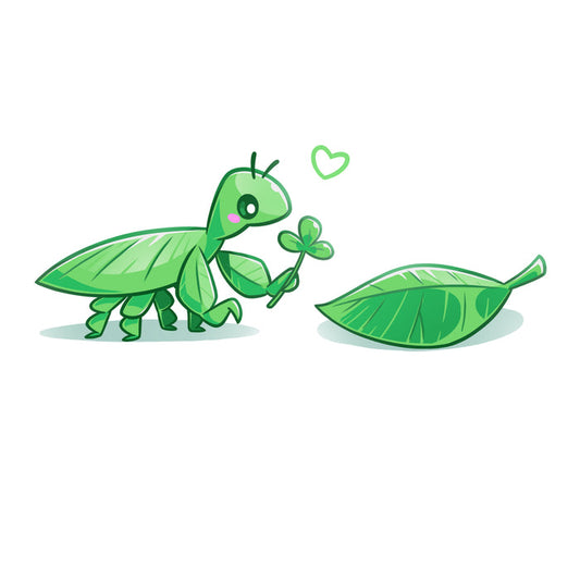 Premium Cotton T-shirt_TeeTurtle white Leaf Bug Love Story apparel featuring a leaf insect presenting a three-leaf clover to a leaf.