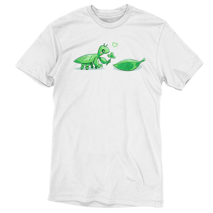 Premium Cotton T-shirt_TeeTurtle white Leaf Bug Love Story apparel featuring a leaf insect presenting a three-leaf clover to a leaf.