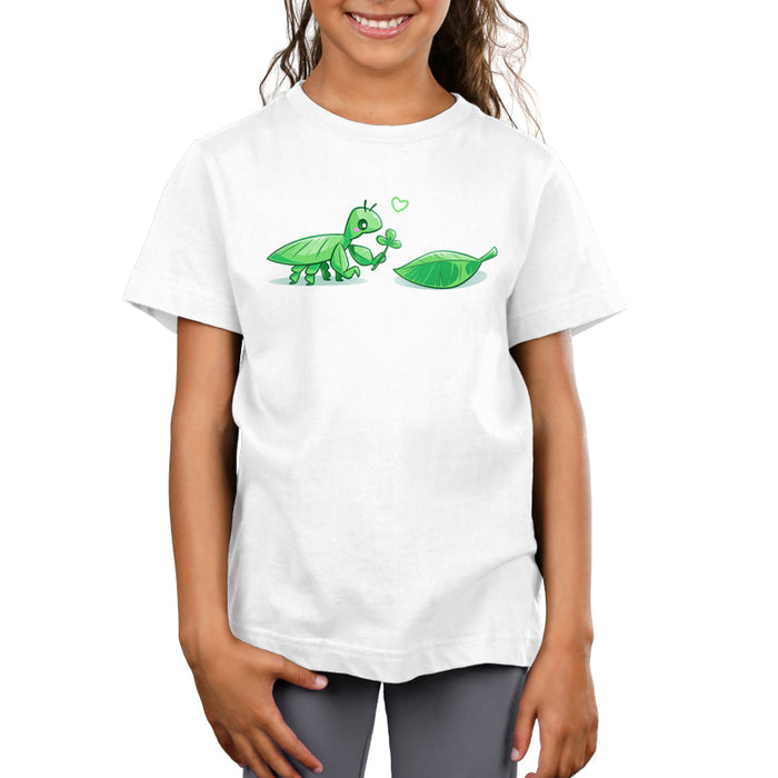 Premium Cotton T-shirt_TeeTurtle white Leaf Bug Love Story apparel featuring a leaf insect presenting a three-leaf clover to a leaf.