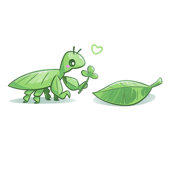 Classic Cotton T-shirt_TeeTurtle white Leaf Bug Love Story apparel featuring a leaf insect presenting a three-leaf clover to a leaf.