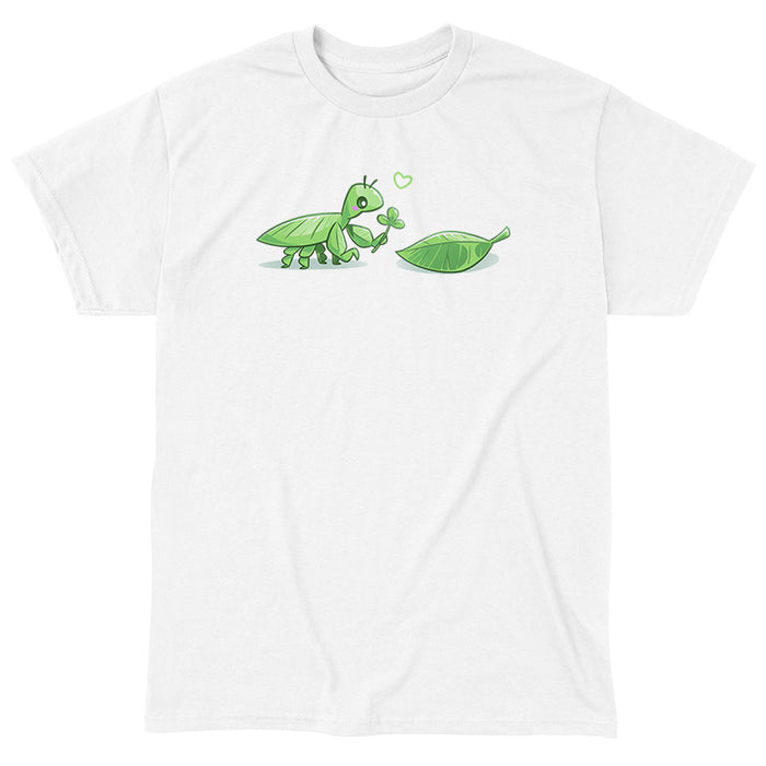 Classic Cotton T-shirt_TeeTurtle white Leaf Bug Love Story apparel featuring a leaf insect presenting a three-leaf clover to a leaf.