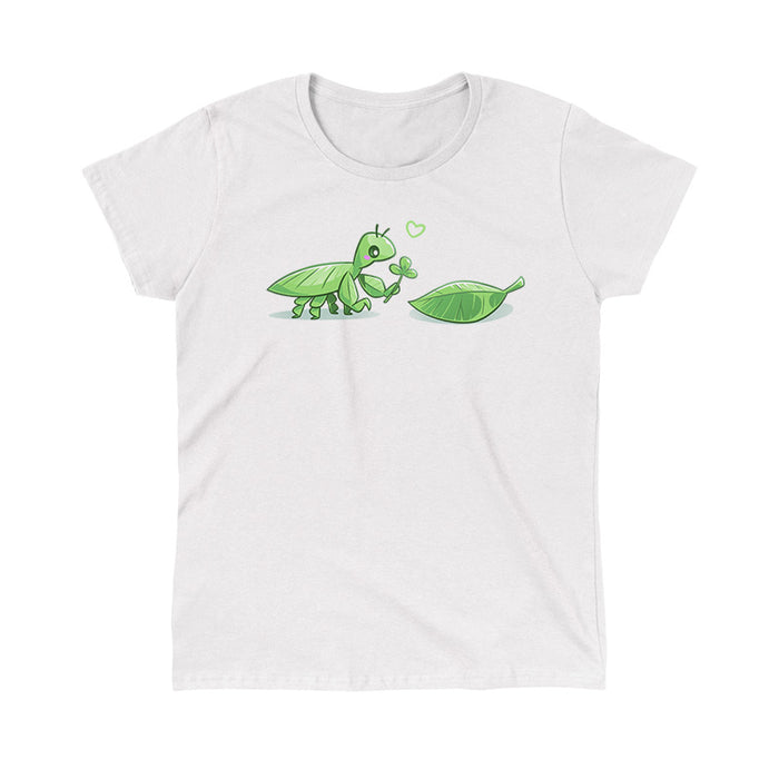 Classic Cotton T-shirt_TeeTurtle white Leaf Bug Love Story apparel featuring a leaf insect presenting a three-leaf clover to a leaf.