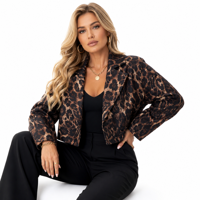 Leopard print jacket for women shown as a statement layer for jeans, skirts, dresses and tailored pants in modern outfits now