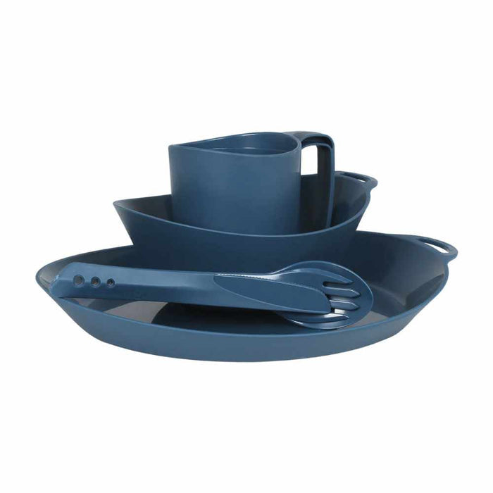 Lifeventure Ellipse 4 Piece Camping Tableware Set showing the plate bowl cup and cutlery in navy colour on a white background