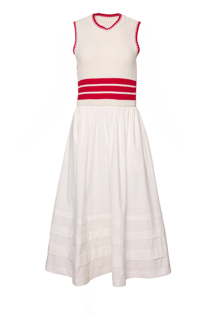 The Lisbon Dress in Ivory & Firework Red by Ivy City Co features a sleeveless textured knit bodice with red trim, bold red waist stripes, and a full pleated skirt—ideal for celebrating the Fourth of July.
