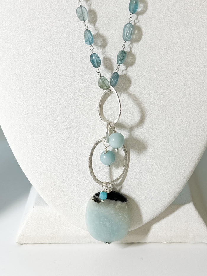 Long amazonite and Aquamarine Necklace on bust
