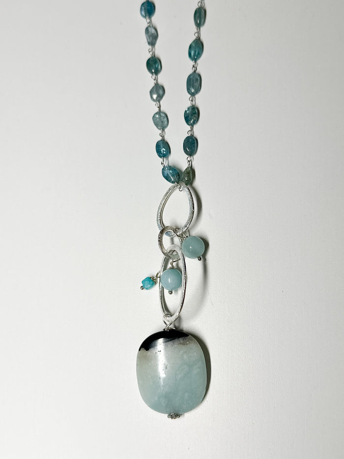 Long amazonite and Aquamarine Necklace on Flat lay