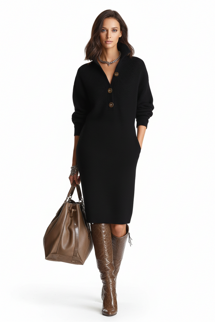 long sleeve sweater dress yellow color loose fit silhouette walking in city street winter light