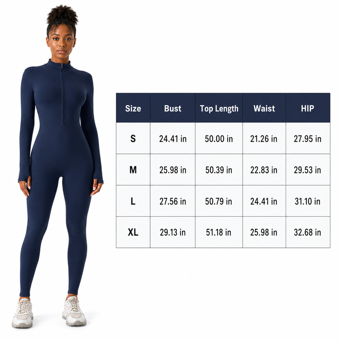 Women's active jumpsuit size chart clearly showing S, M, L and XL measurements for bust, top length, waist and hip in inches.