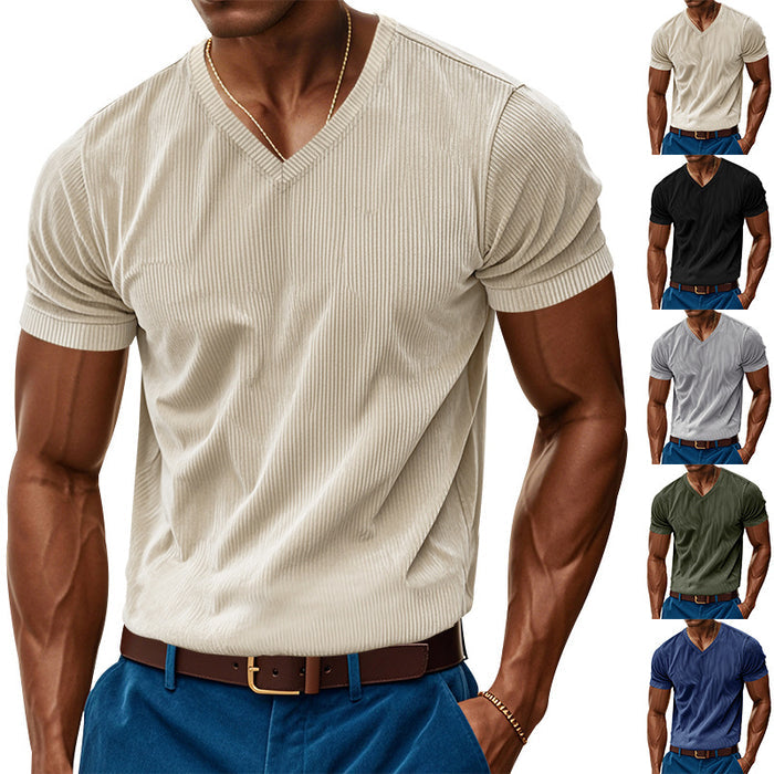 loose casual men's V-neck t-shirt denim blue loose silhouette side angle
