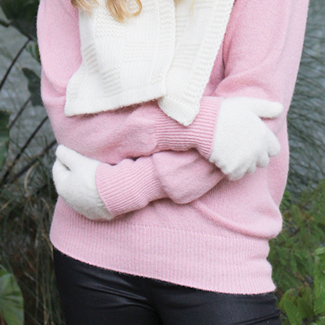 Natural colour Alpaca gloves on person