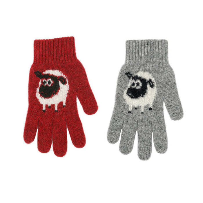 Red and grey Merino wool gloves with sheep detail