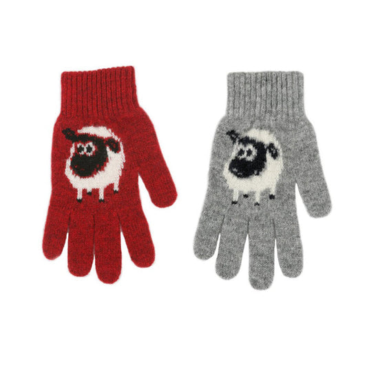 Red and grey Merino wool gloves with sheep detail