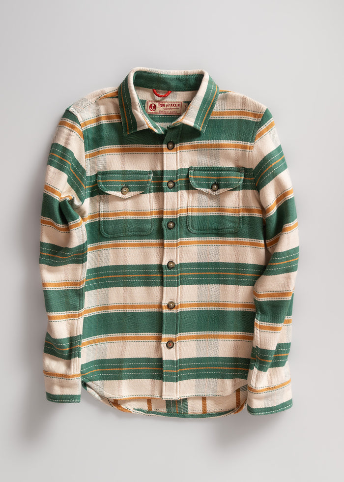 Green, beige, and orange striped button-up shirt with two chest pockets, laid flat on a light background.