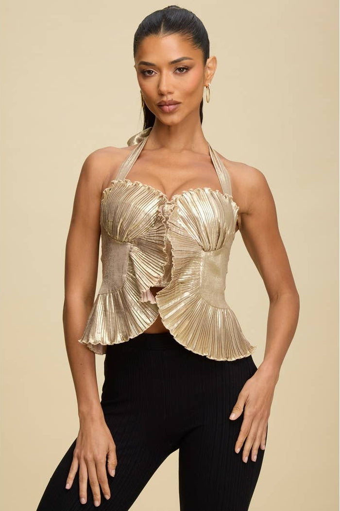 Style the Luxxel Metallic Pleated Halter Top exclusively at Born To Glam