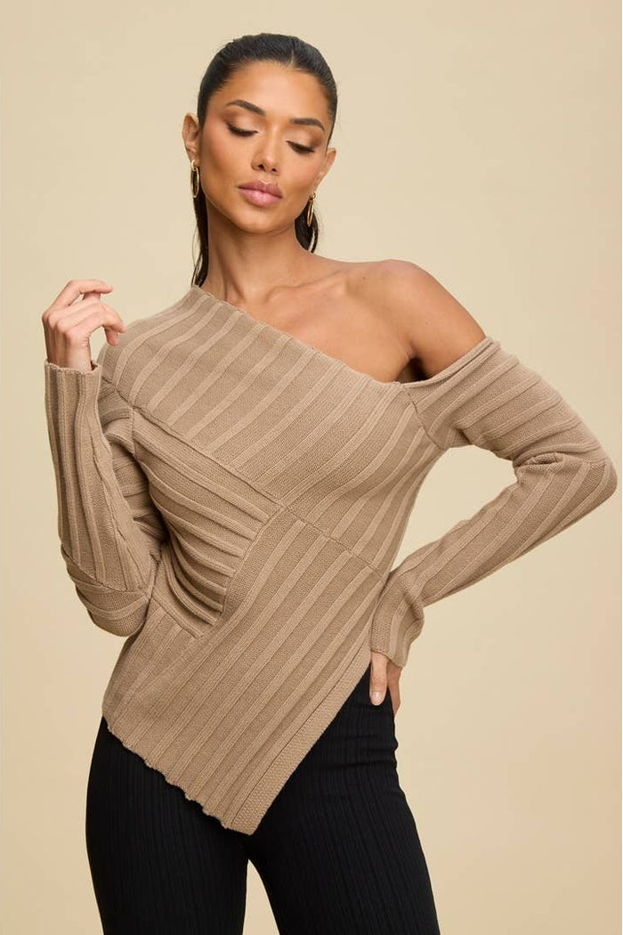 Luxxel one shoulder ribbed knit sweater in neutral camel with a long sleeve and asymmetrical neckline.