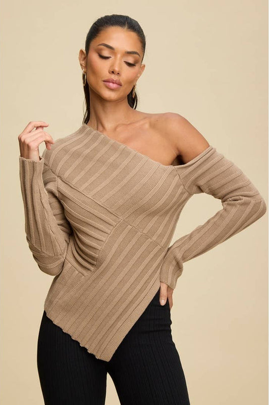Luxxel one shoulder ribbed knit sweater in neutral camel with a long sleeve and asymmetrical neckline.