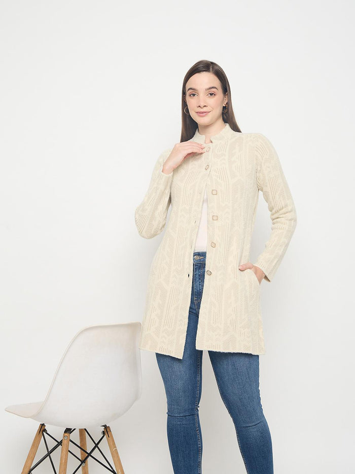 Madame Abstract Print Long Beige Cardigan