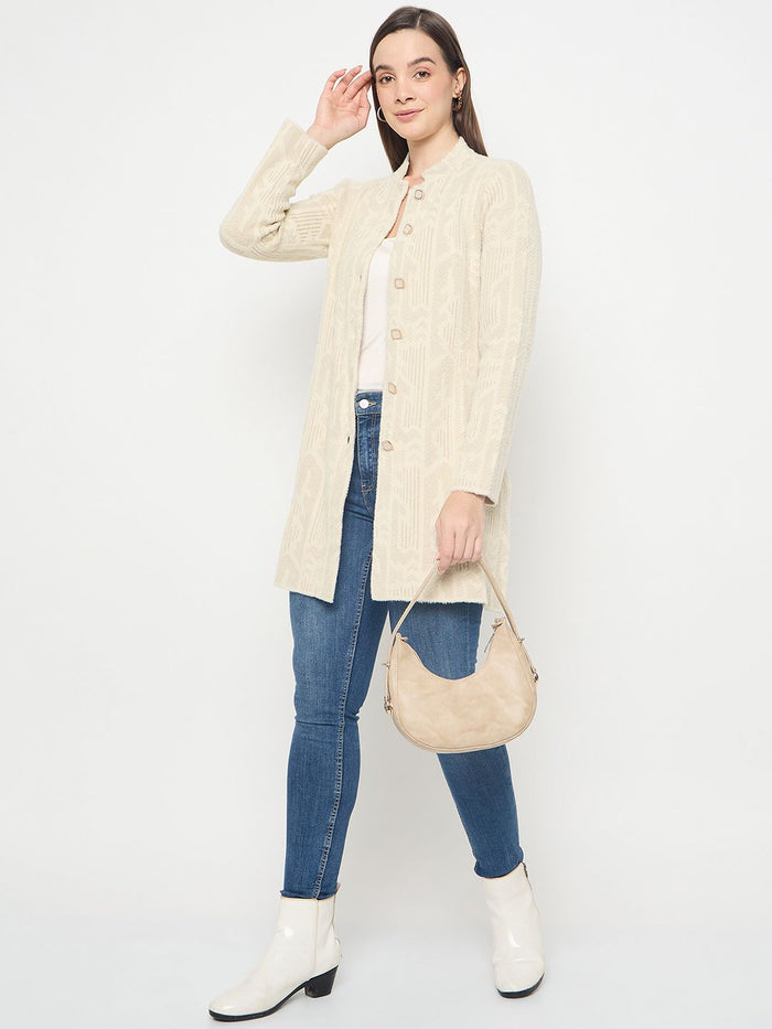 Madame Abstract Print Long Beige Cardigan