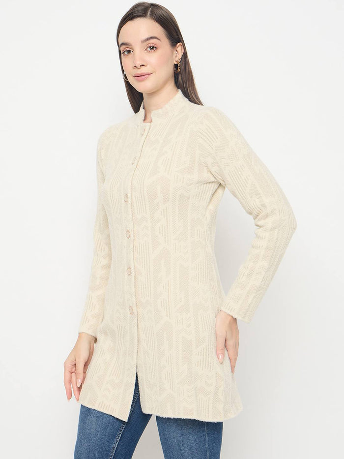 Madame Abstract Print Long Beige Cardigan