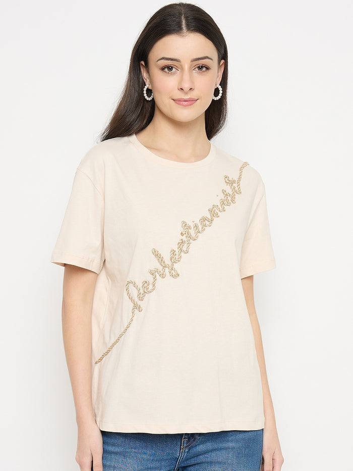 Madame Beige Cotton Printed T-Shirt