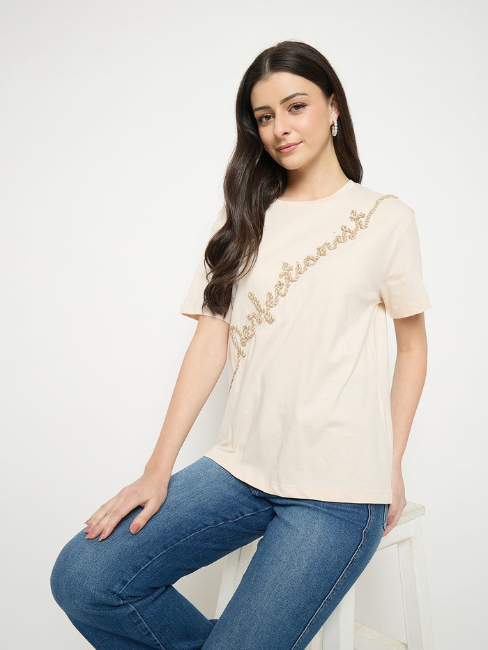 Madame Beige Cotton Printed T-Shirt